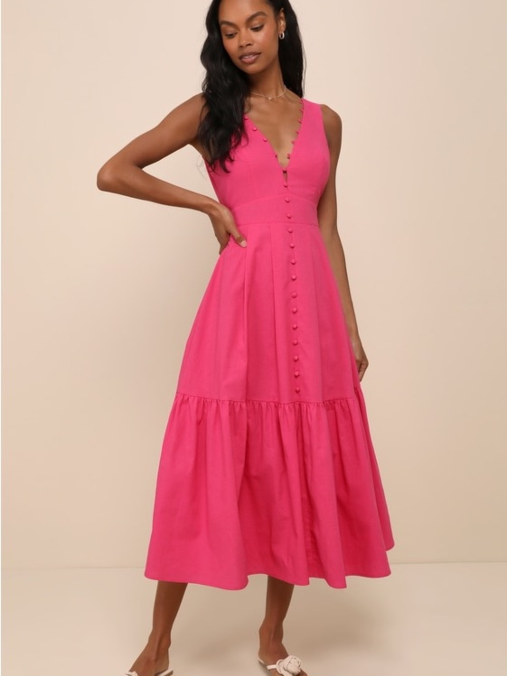 NWT Lulus Blissful Afternoon Hot Pink Linen Tie-Back Midi Dress